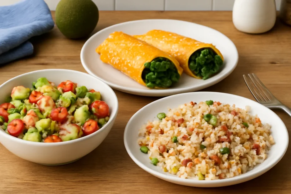 Cena de almoço keto em uma mesa, com salada de atum, wraps de queijo e arroz de couve-flor com bacon, destacando ingredientes frescos e utensílios simples, com rascunho automático.