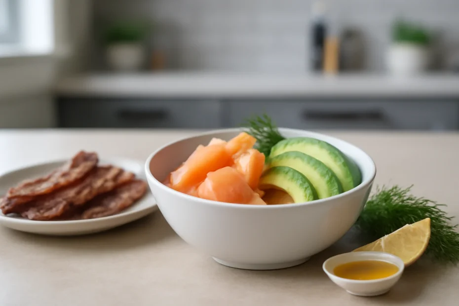 Mesa de café da manhã cheap keto breakfast without eggs com abacate, salmão, bacon e dill, luz natural suave.